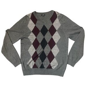 Apt. 9 Men's Gray and Burgundy Argyle V-Neck preppy merino wool blend Sweater M